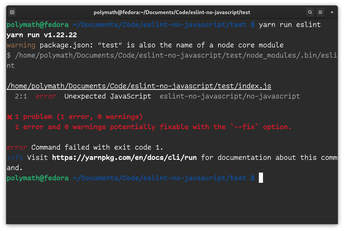 The plugin running in a terminal. The JS file is flagged as "unexpected JavaScript"